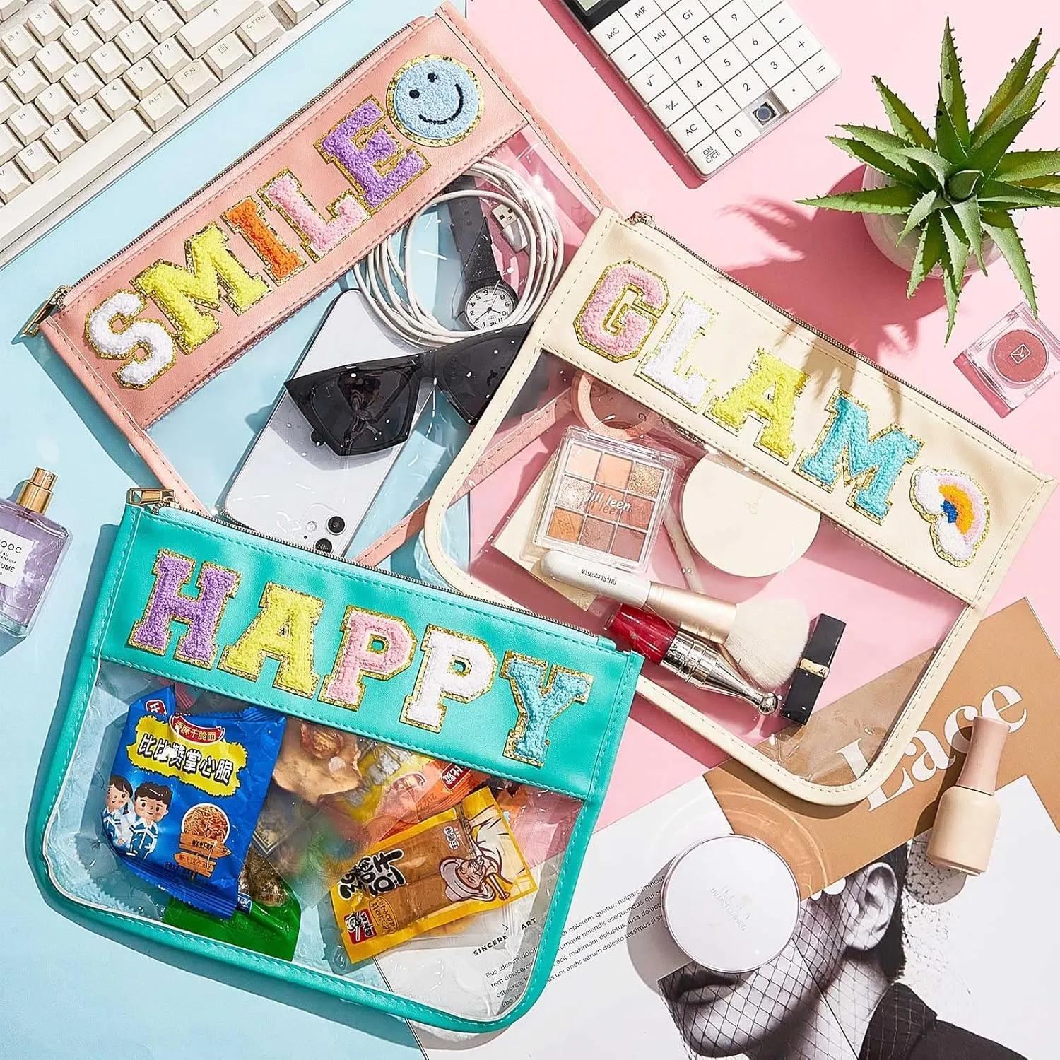 3 Pcs Chenille Letter Zipper Pouch for Travel Clear Snack Bags Waterproof Cosmetic Pouch Nylon Gym Beach Multipurpose Makeup Bag for Women Girl(Happy, Glam, Smile,Bright Color)