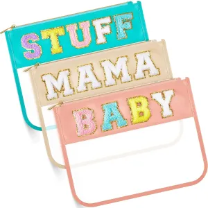3 Pcs Chenille Letter Zipper Pouch for Travel Clear Snack Bags Waterproof Cosmetic Pouch Nylon Gym Beach Multipurpose Makeup Bag for Women Girl(Mama, Stuff, Baby,Novel Color)
