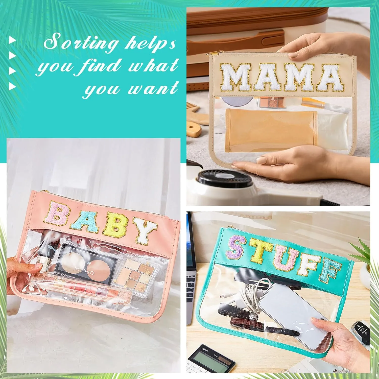 3 Pcs Chenille Letter Zipper Pouch for Travel Clear Snack Bags Waterproof Cosmetic Pouch Nylon Gym Beach Multipurpose Makeup Bag for Women Girl(Mama, Stuff, Baby,Novel Color)