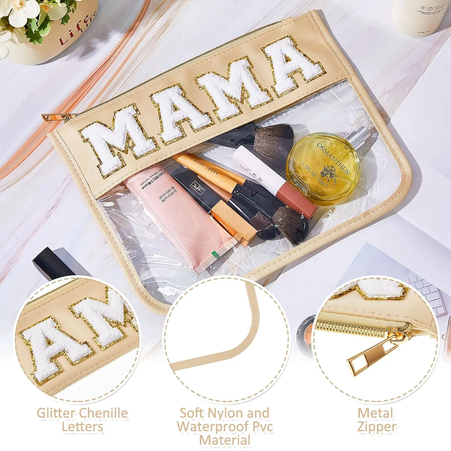 3 Pcs Chenille Letter Zipper Pouch for Travel Clear Snack Bags Waterproof Cosmetic Pouch Nylon Gym Beach Multipurpose Makeup Bag for Women Girl(Mama, Stuff, Baby,Novel Color)