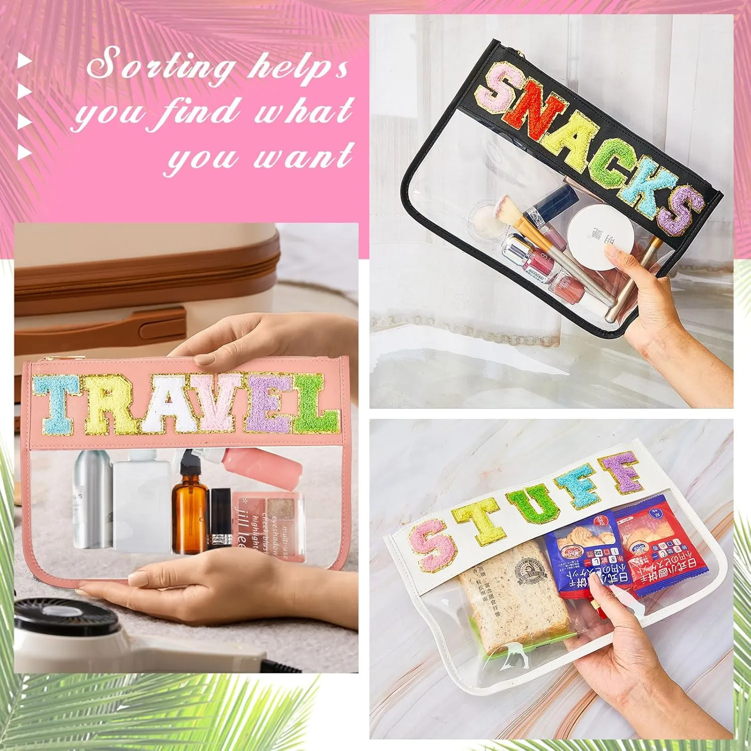 3 Pcs Chenille Letter Zipper Pouch for Travel Clear Snack Bags Waterproof Cosmetic Pouch Nylon Gym Beach Multipurpose Makeup Bag for Women Girl(Travel, Stuff, Snacks,Classic Color)