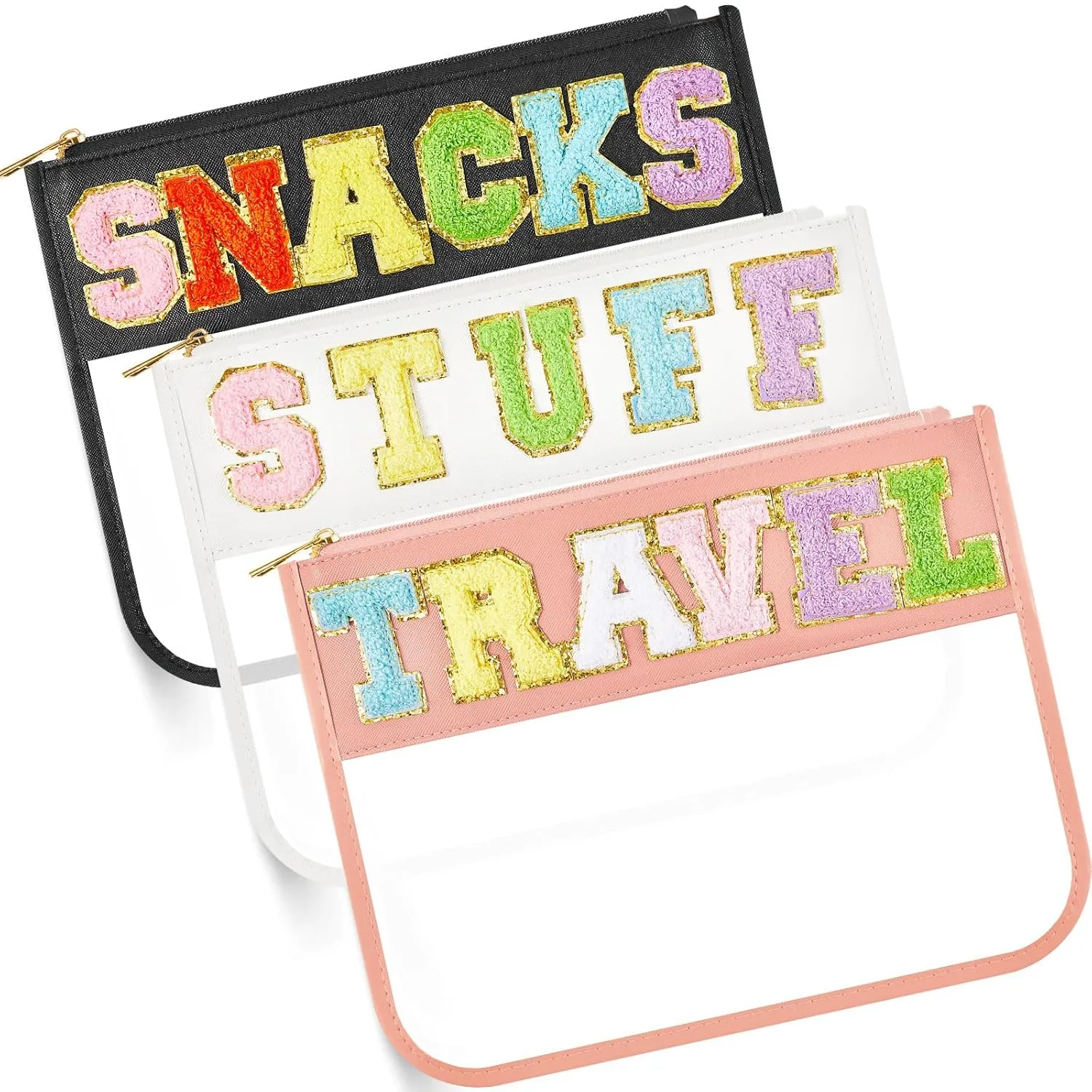 3 Pcs Chenille Letter Zipper Pouch for Travel Clear Snack Bags Waterproof Cosmetic Pouch Nylon Gym Beach Multipurpose Makeup Bag for Women Girl(Travel, Stuff, Snacks,Classic Color)