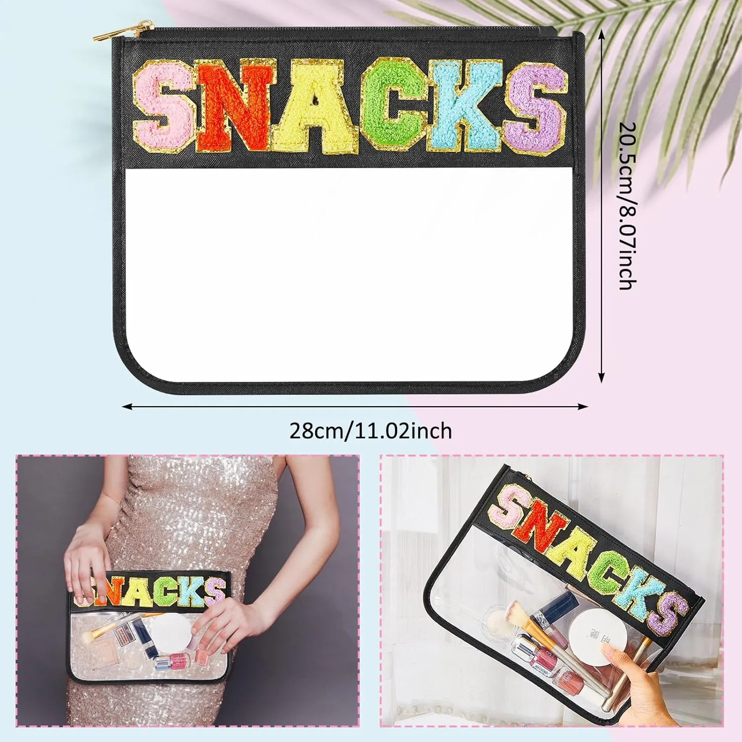 3 Pcs Chenille Letter Zipper Pouch for Travel Clear Snack Bags Waterproof Cosmetic Pouch Nylon Gym Beach Multipurpose Makeup Bag for Women Girl(Travel, Stuff, Snacks,Classic Color)