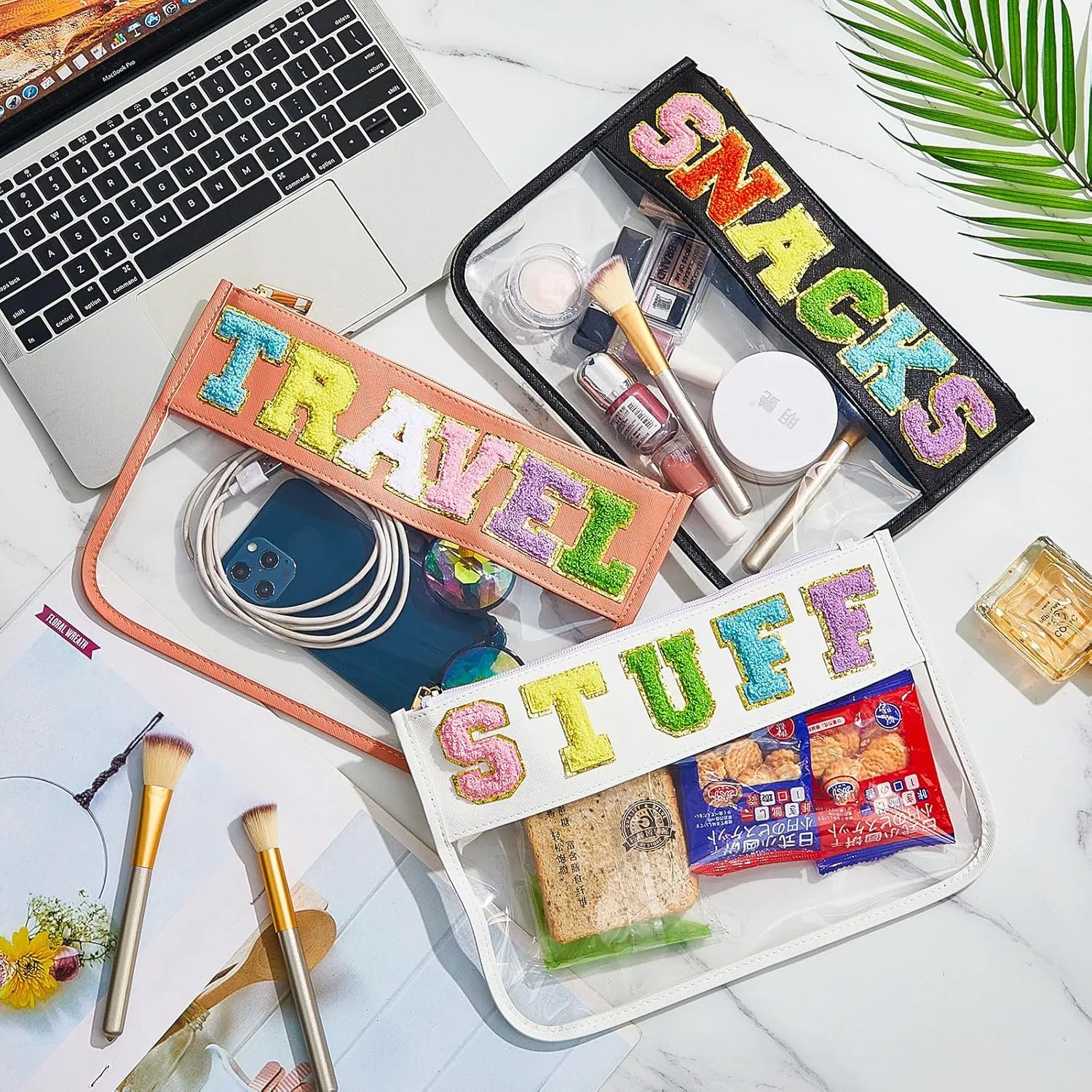 3 Pcs Chenille Letter Zipper Pouch for Travel Clear Snack Bags Waterproof Cosmetic Pouch Nylon Gym Beach Multipurpose Makeup Bag for Women Girl(Travel, Stuff, Snacks,Classic Color)