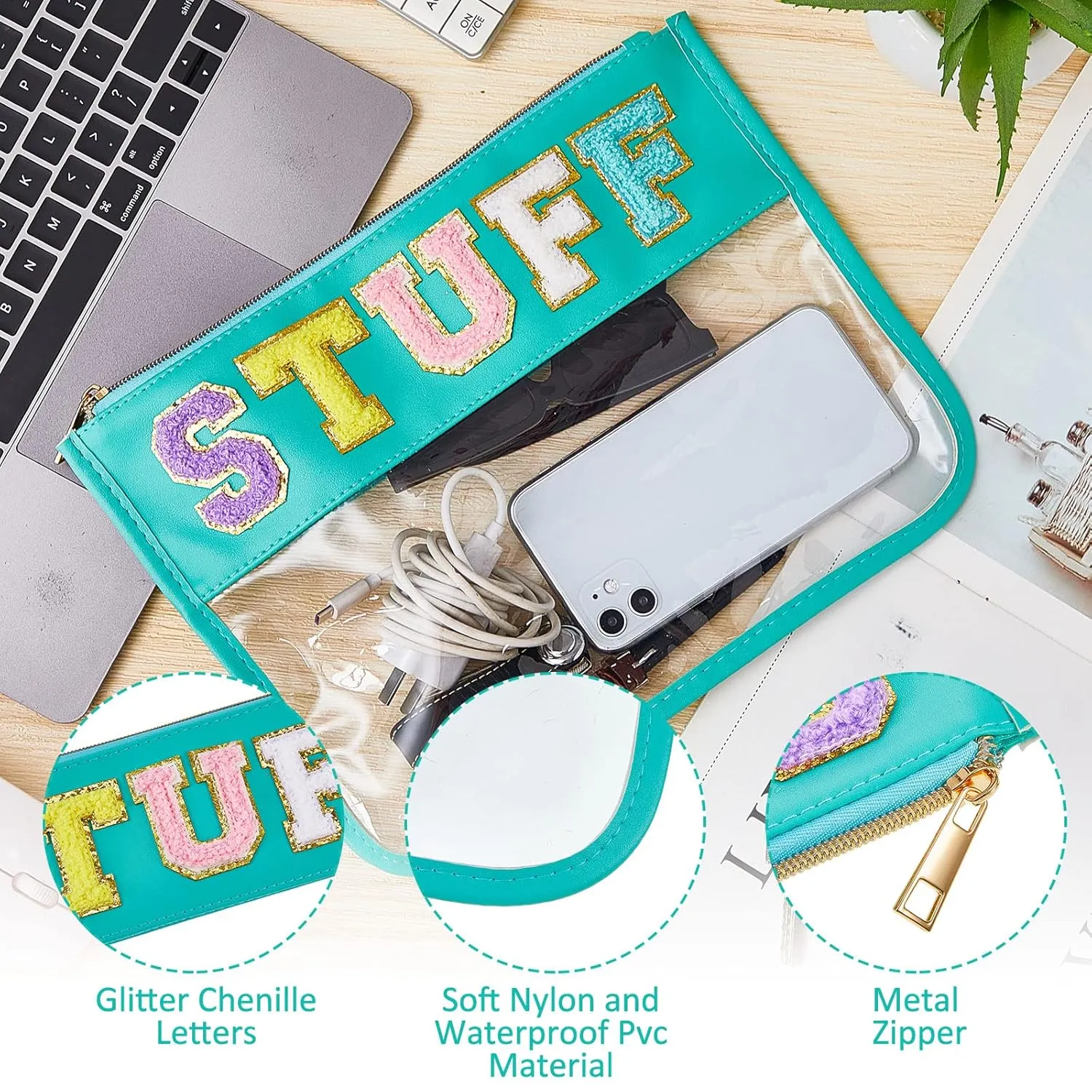 3 Pcs Chenille Letter Zipper Pouch for Travel Clear Snack Bags Waterproof Cosmetic Pouch Nylon Gym Beach Multipurpose Makeup Bag for Women Girl(Travel, Stuff, Snack,Soft Color)