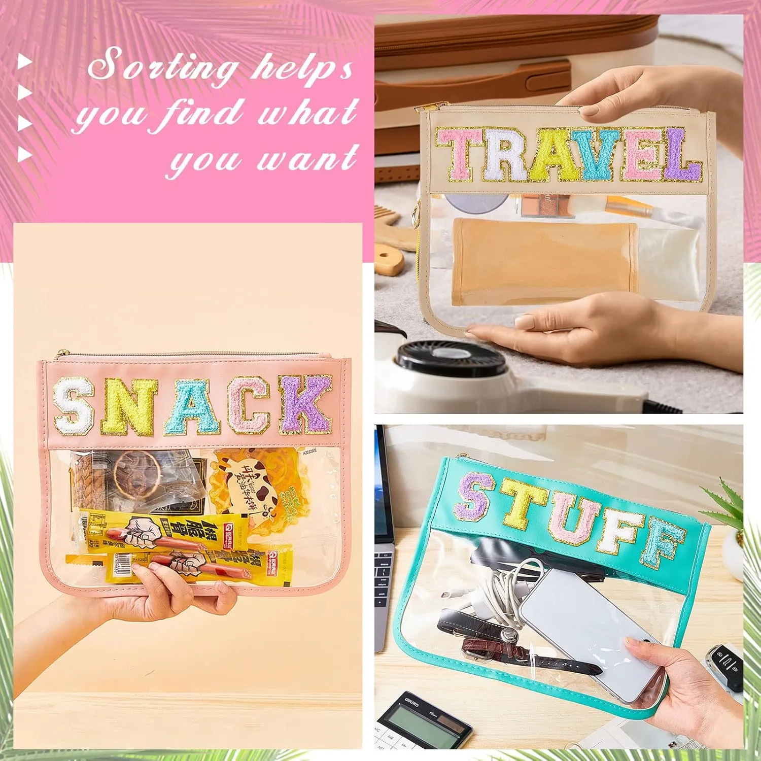 3 Pcs Chenille Letter Zipper Pouch for Travel Clear Snack Bags Waterproof Cosmetic Pouch Nylon Gym Beach Multipurpose Makeup Bag for Women Girl(Travel, Stuff, Snack,Soft Color)