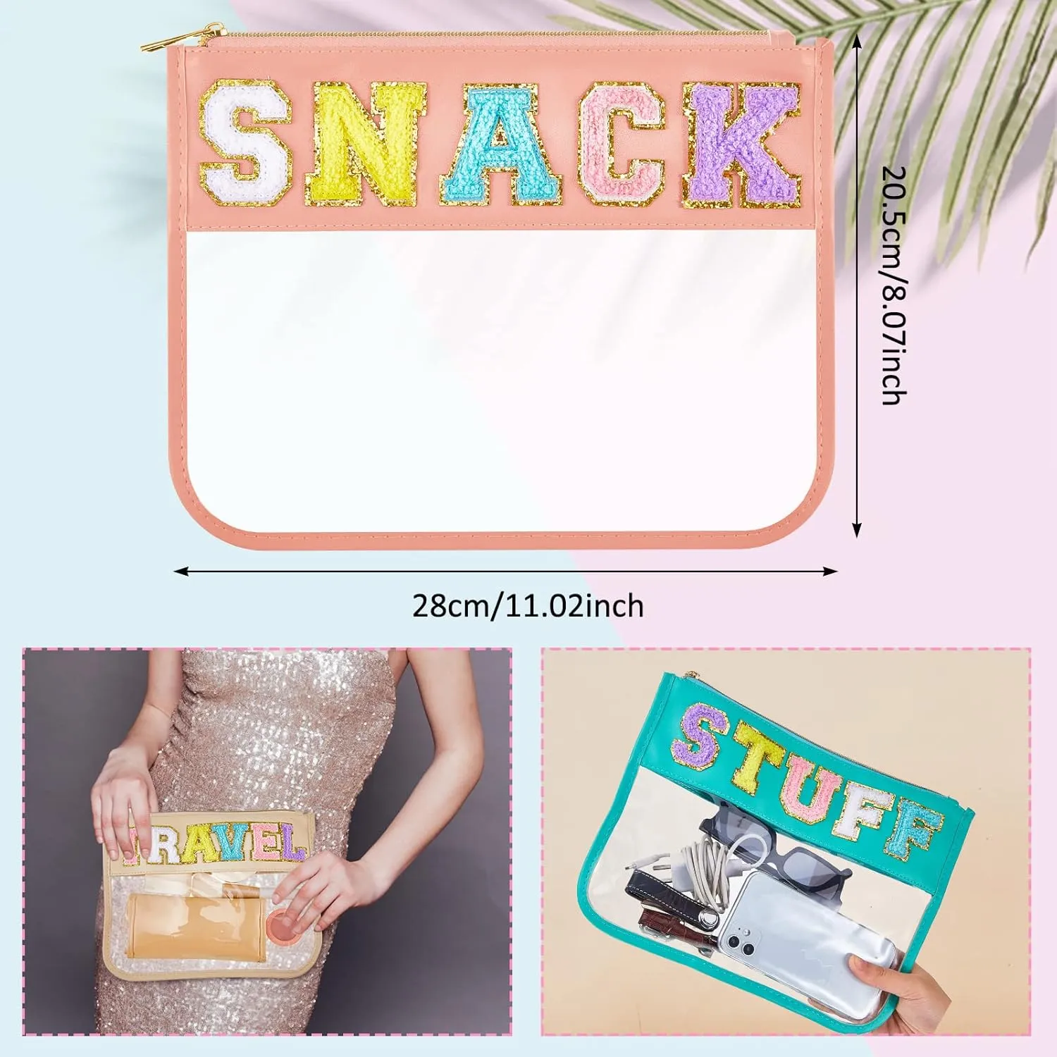 3 Pcs Chenille Letter Zipper Pouch for Travel Clear Snack Bags Waterproof Cosmetic Pouch Nylon Gym Beach Multipurpose Makeup Bag for Women Girl(Travel, Stuff, Snack,Soft Color)