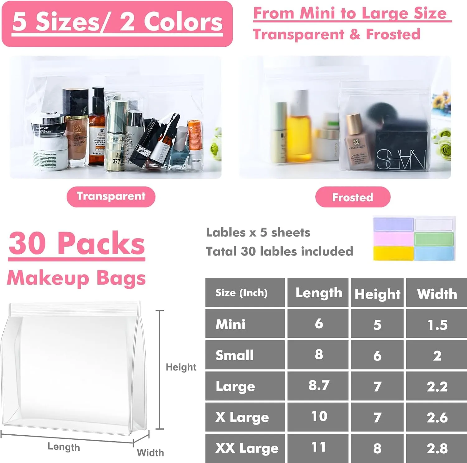 30 Pack Mini Clear Makeup Bag Organizer Cosmetic Zipper Pouch TSA Approved Small Travel Pouches for Toiletries Transparent EVA Reusable Waterproof Plastic Clear Gift Bags Bulk, Frosted, 8” x 6” x 2”