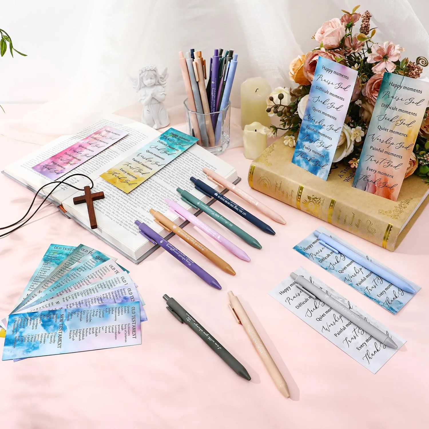 30 Sets Christian Gifts Bulk Bible Verse Pens Scripture Silicone Keychains Religious Bookmarks Mother's Day Gifts for Men Women VBS Sunday School Church Members Pastor Teacher(Watercolor,Click)