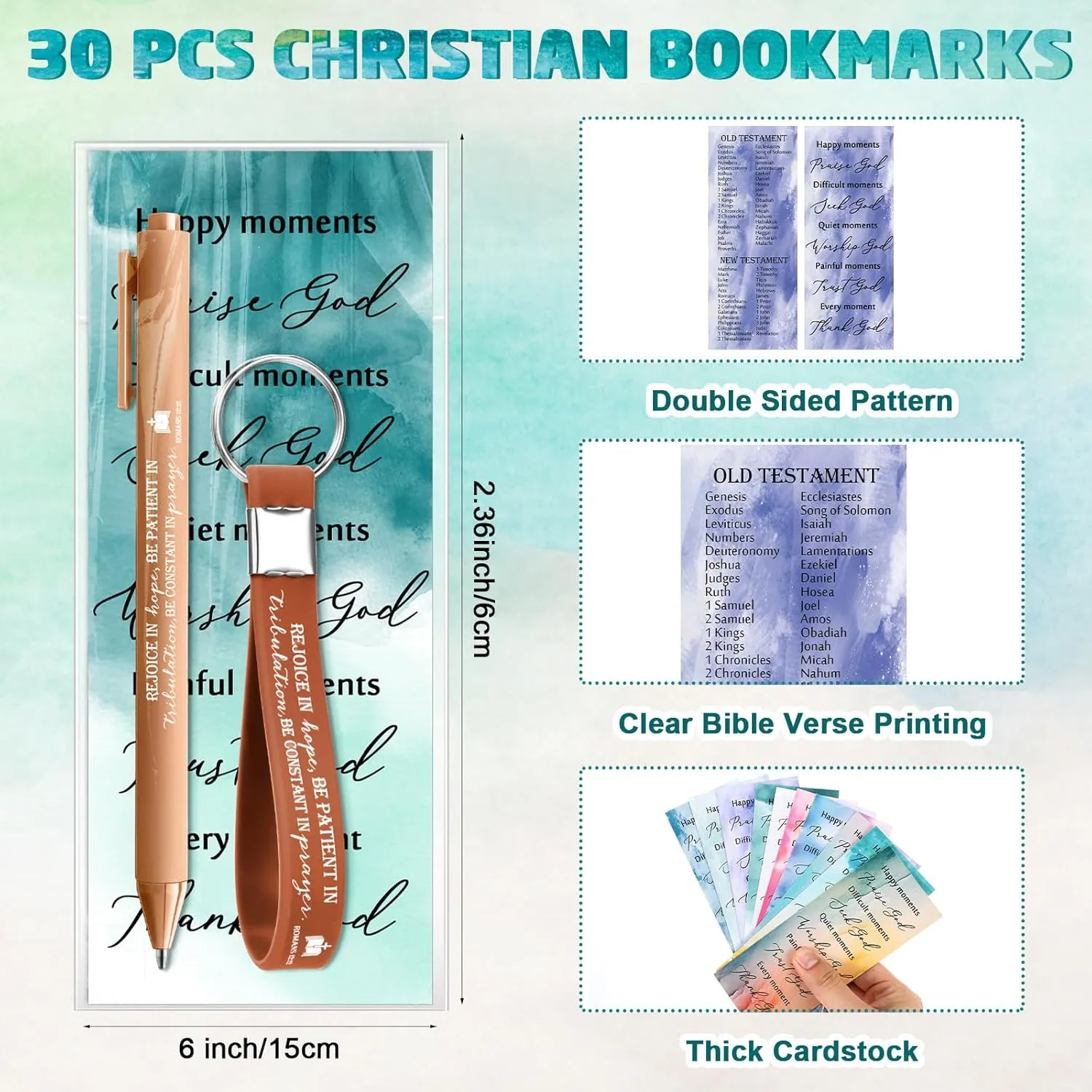30 Sets Christian Gifts Bulk Bible Verse Pens Scripture Silicone Keychains Religious Bookmarks Mother's Day Gifts for Men Women VBS Sunday School Church Members Pastor Teacher(Watercolor,Click)
