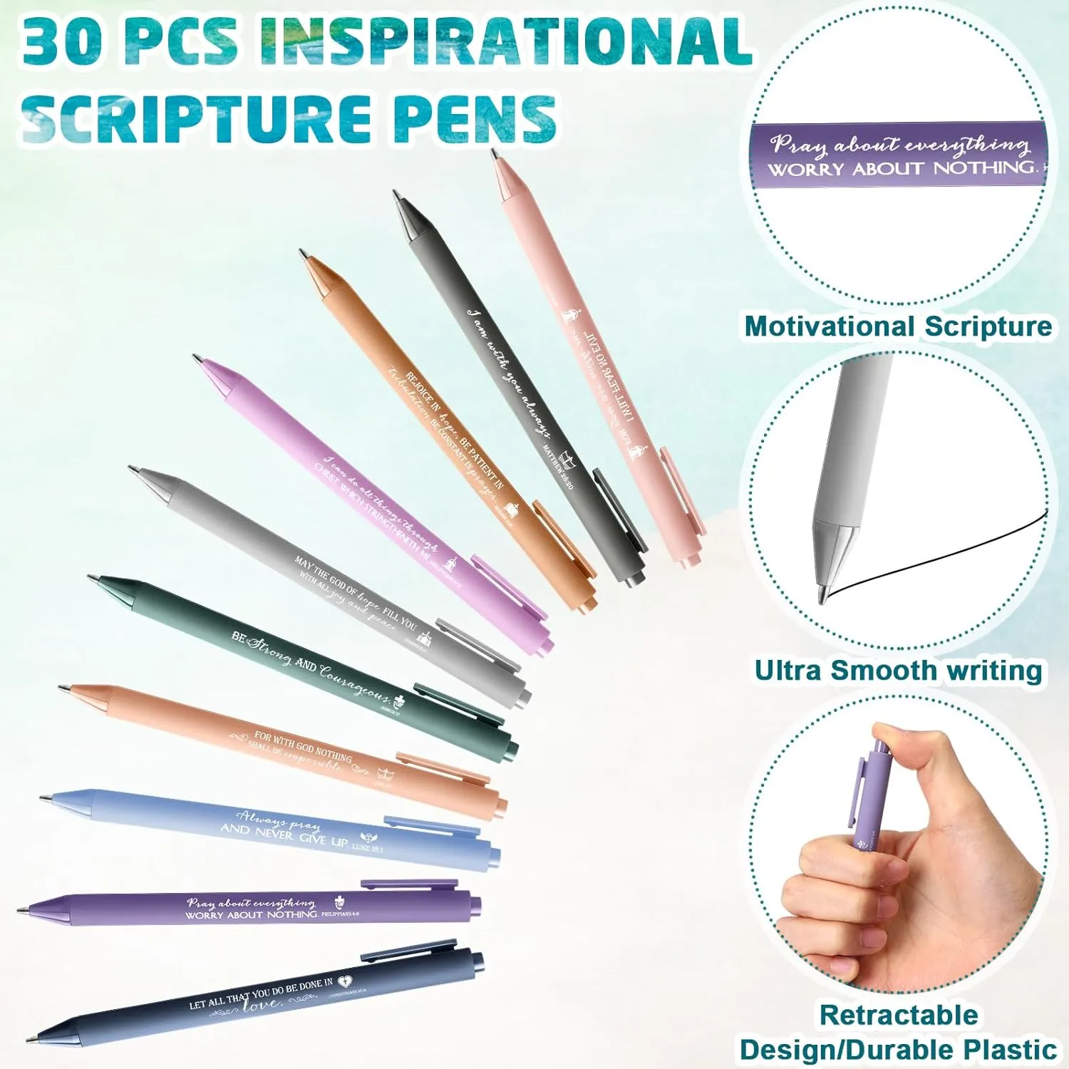 30 Sets Christian Gifts Bulk Bible Verse Pens Scripture Silicone Keychains Religious Bookmarks Mother's Day Gifts for Men Women VBS Sunday School Church Members Pastor Teacher(Watercolor,Click)