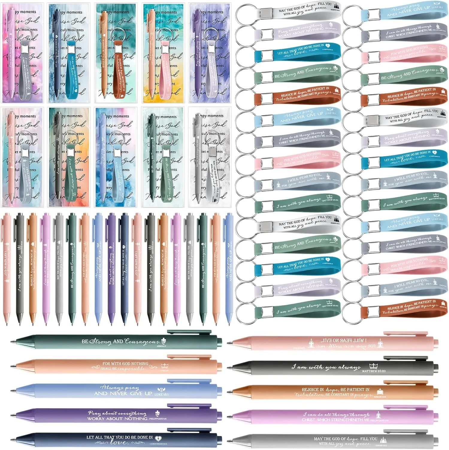 30 Sets Christian Gifts Bulk Bible Verse Pens Scripture Silicone Keychains Religious Bookmarks Mother's Day Gifts for Men Women VBS Sunday School Church Members Pastor Teacher(Watercolor,Click)