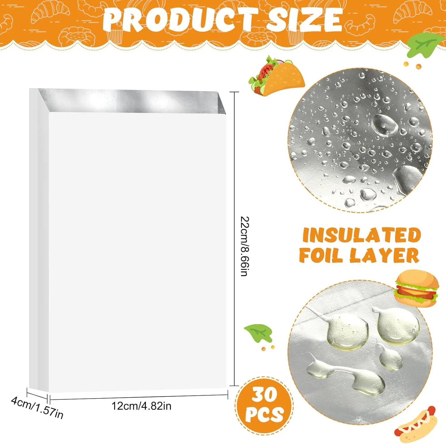 300 Packs Foil Sandwich Wrap, 4.7" x 1.6" x 8.7" Insulated Hot Dog Bag, Grease Resistance Paper Foil Hamburgers Bags for Breakfast Lunch, Fast Food, Food Truck, Snack Serving, BBQ