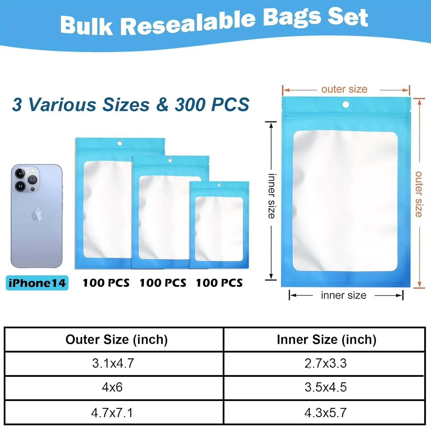 300 Pcs Gradient Mylar Bags, 3 Size Smell Proof Bags with Clear Window Foil Pouch Bags Resealable Bags for Small Business and Food Storage, Blue Blue
