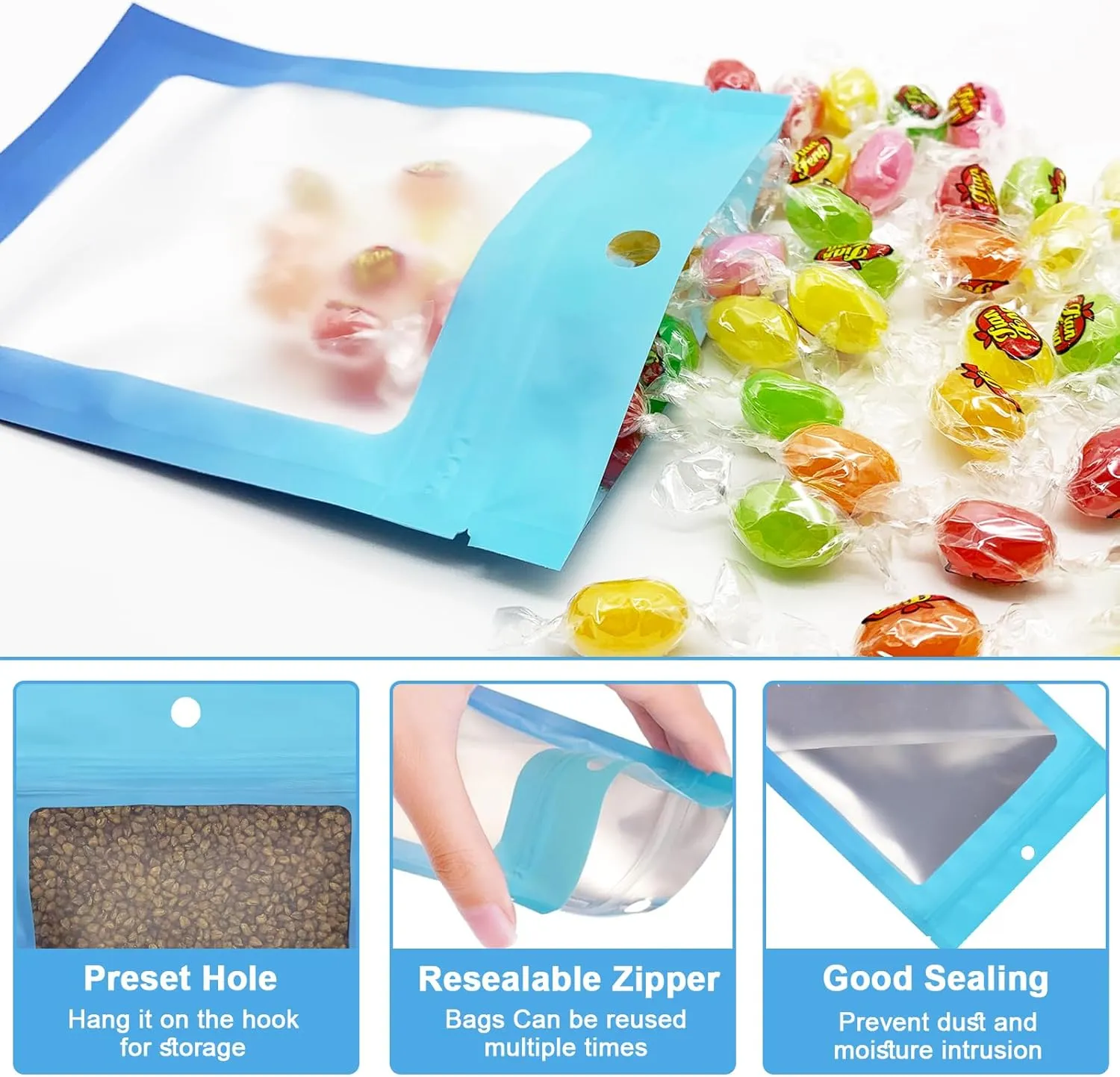 300 Pcs Gradient Mylar Bags, 3 Size Smell Proof Bags with Clear Window Foil Pouch Bags Resealable Bags for Small Business and Food Storage, Blue Blue