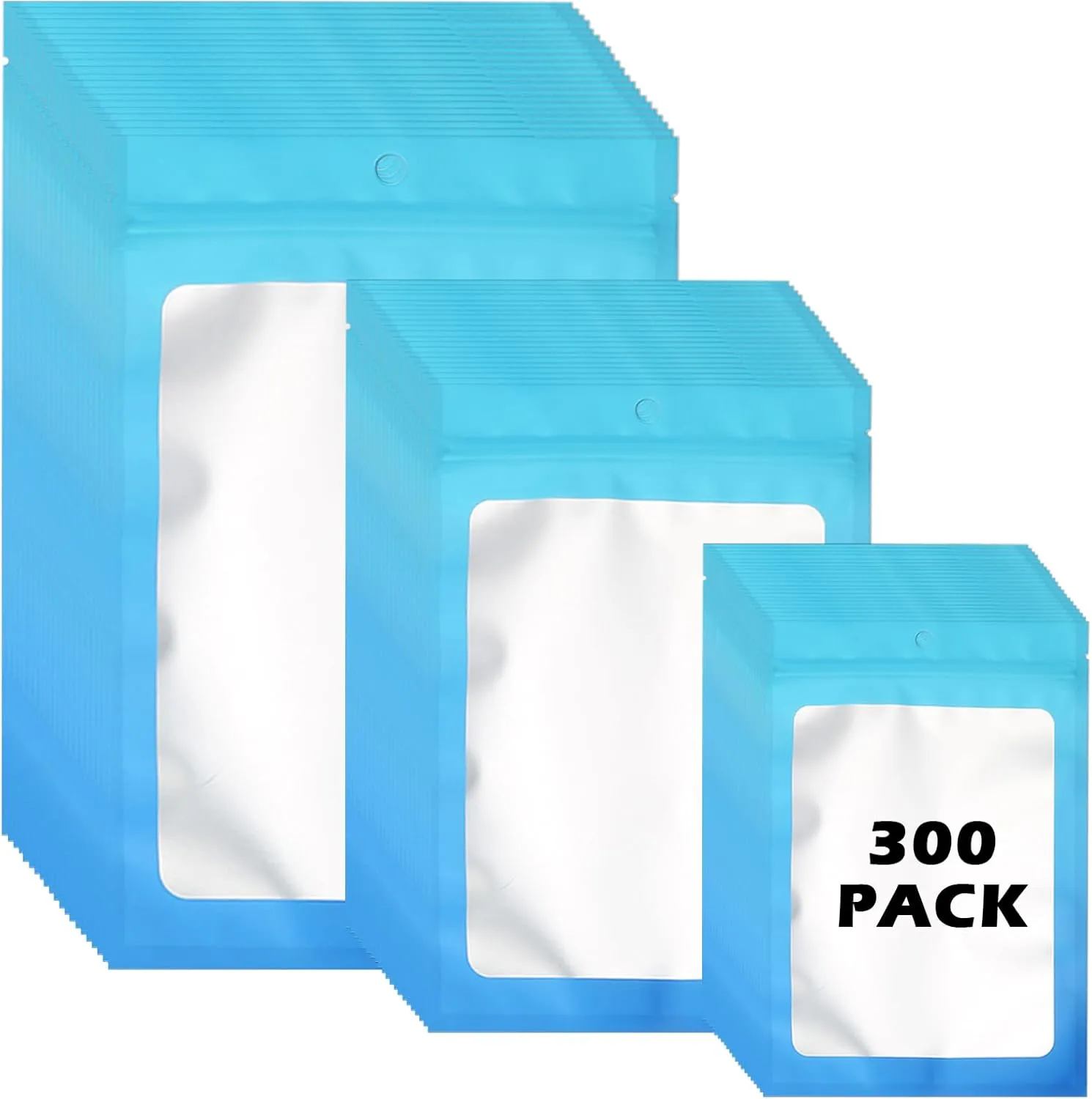 300 Pcs Gradient Mylar Bags, 3 Size Smell Proof Bags with Clear Window Foil Pouch Bags Resealable Bags for Small Business and Food Storage, Blue Blue