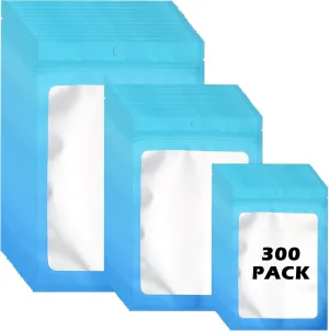 300 Pcs Gradient Mylar Bags, 3 Size Smell Proof Bags with Clear Window Foil Pouch Bags Resealable Bags for Small Business and Food Storage, Blue Blue