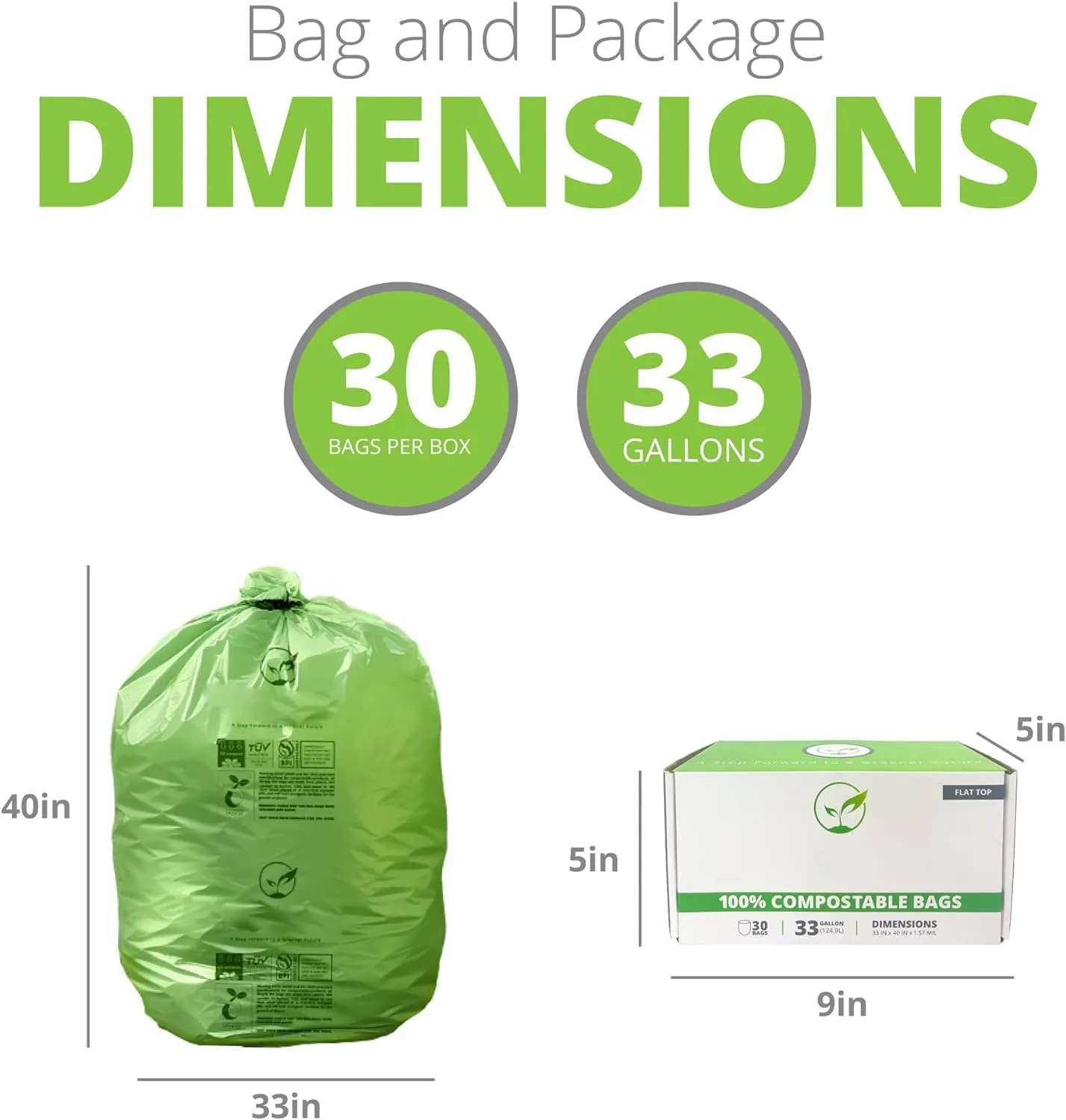 33 Gallon Compostable Trash Bags with Flat-Top, Heavy Duty Extra Thick 1.57 Mil, 124.92 Liter, 30 Bags, Large Lawn and Yard Waste Bag, ASTM D6400, US BPI and OK Compost Home Certified
