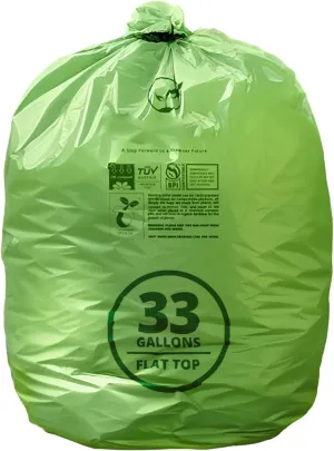 33 Gallon Compostable Trash Bags with Flat-Top, Heavy Duty Extra Thick 1.57 Mil, 124.92 Liter, 30 Bags, Large Lawn and Yard Waste Bag, ASTM D6400, US BPI and OK Compost Home Certified