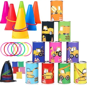 36PCS Carnival Games Combo Set 4 in 1 Bean Bag Toss Can Construction Games Soft Plastic Cone Backyard Ring Toss Game for Indoor Outdoor School Field Day Birthday Party Yard Games for Kids Adults