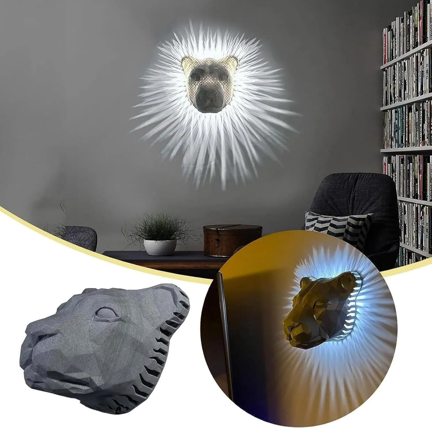 3D Animal LED Wall Lamp, Creative Resin Carving, Atmosphere Rendering for Study, Bedroom, Dining Room, Stairway, Hallway, Bar (Lion)