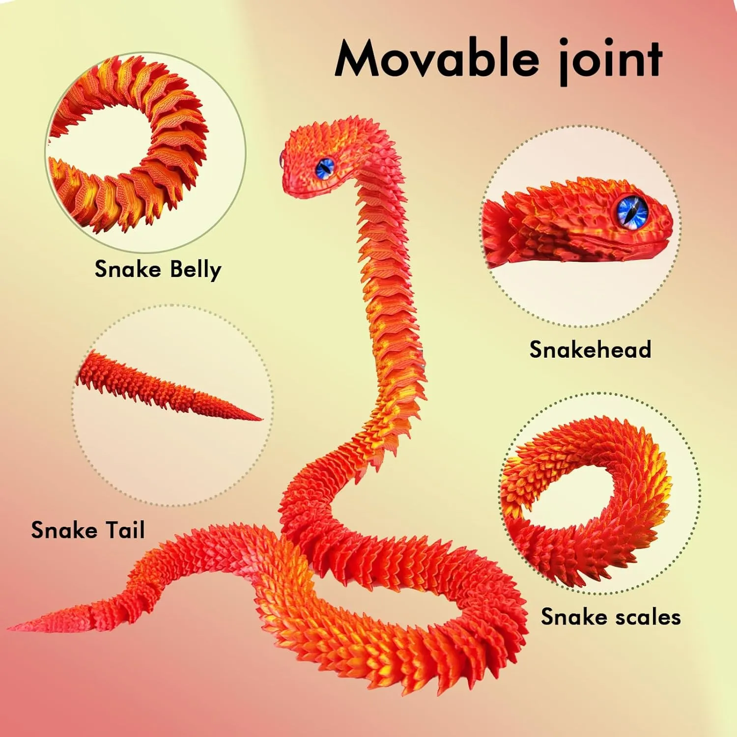 3D Printed Animals Snake, 24 Inch Surprise Mystery Fidget Anaconda Toy, Fake Python Statue with Realistic Eyes，3-D Print Articulated Viper Collectible for Home Office Executive Desk Decoration
