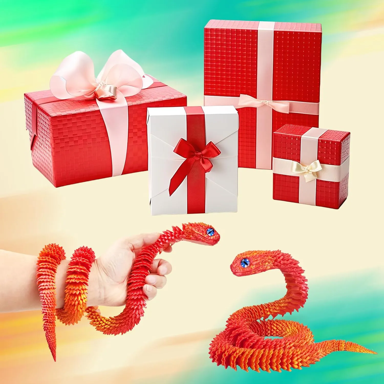 3D Printed Animals Snake, 24 Inch Surprise Mystery Fidget Anaconda Toy, Fake Python Statue with Realistic Eyes，3-D Print Articulated Viper Collectible for Home Office Executive Desk Decoration