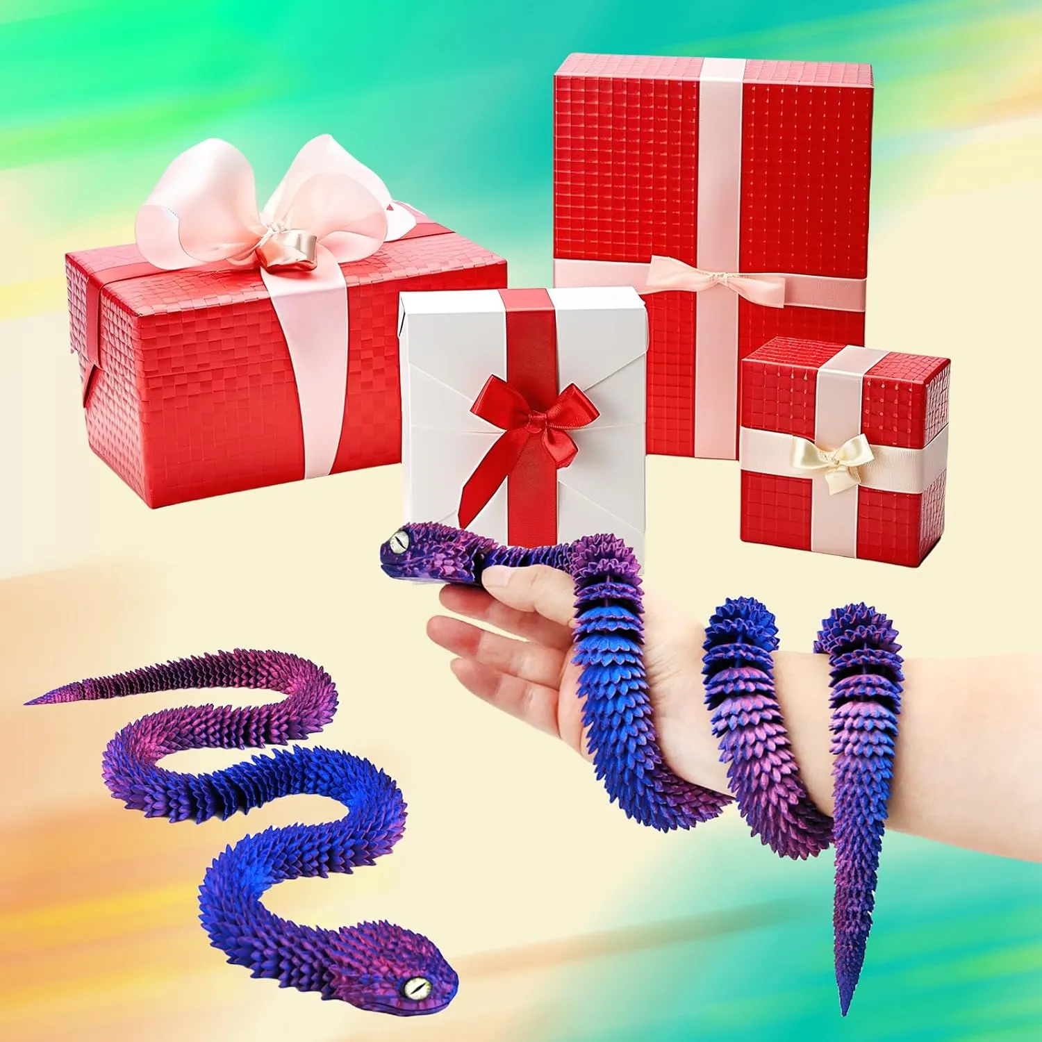 3D Printed Animals Snake, 30 Inch Surprise Mystery Fidget Anaconda Toy, Fake Python Statue with Realistic Eyes，3-D Print Articulated Viper Collectible for Home Office Executive Desk Decoration