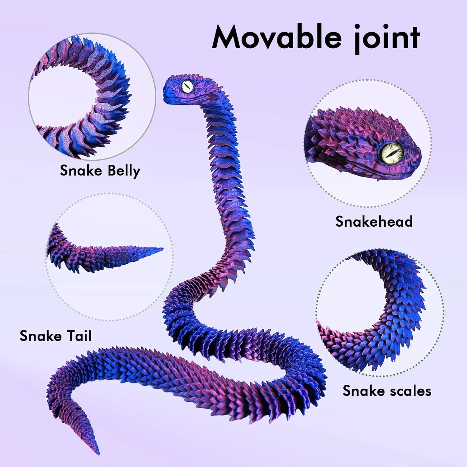 3D Printed Animals Snake, 30 Inch Surprise Mystery Fidget Anaconda Toy, Fake Python Statue with Realistic Eyes，3-D Print Articulated Viper Collectible for Home Office Executive Desk Decoration
