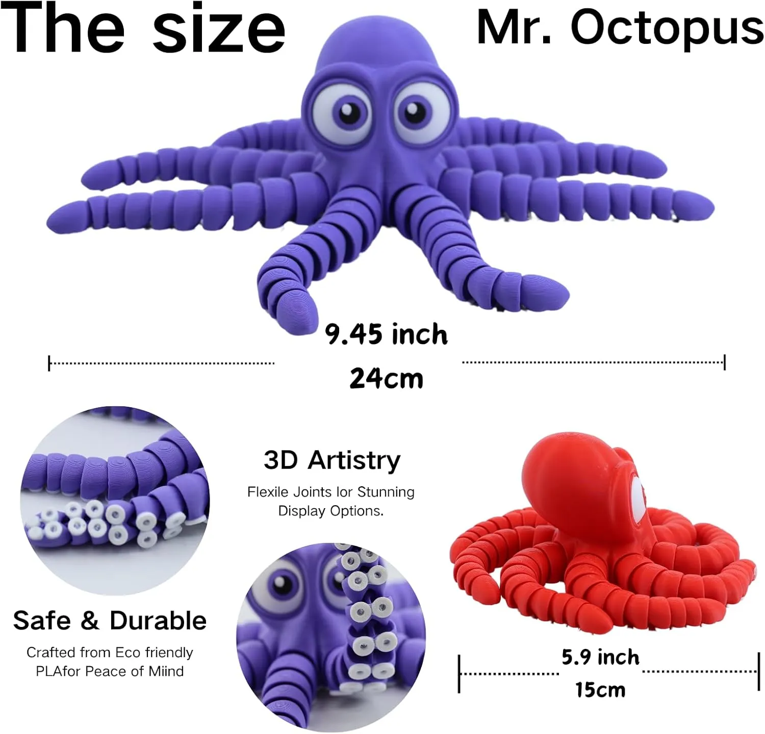 3D Printed Cute Octopus, 3D Printed Animal, Flexible Joint 3D Octopus, Home Office Classroom Decoration, Executive Desk Decoration (Purple)
