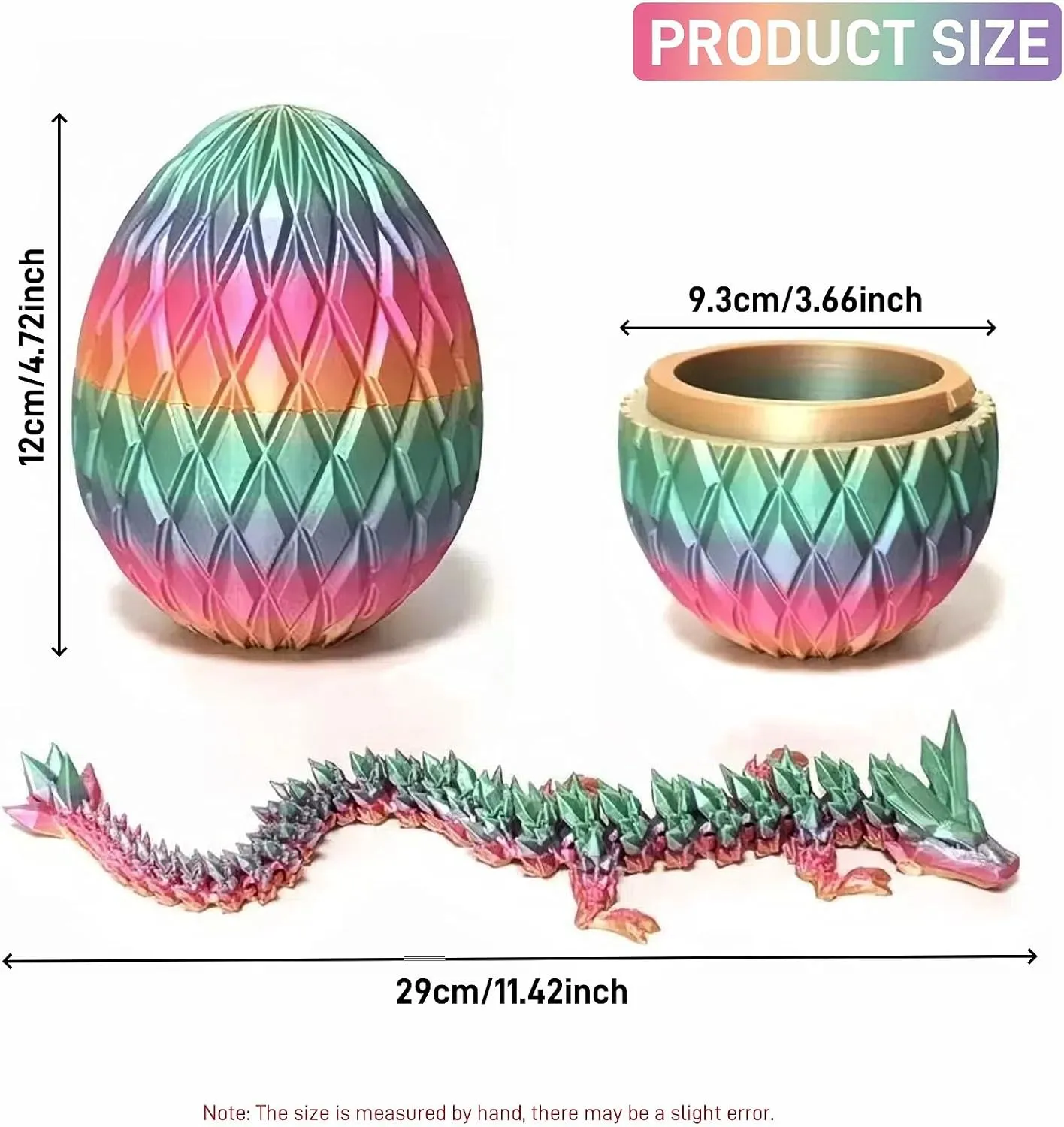 3D Printed Dragon Egg, Large 12" Laser Rainbow Crystal Dragon in Colorful Eggs with Gift Box & Card, Fidget Dragon Toys for Kids & Adults (Coloured)