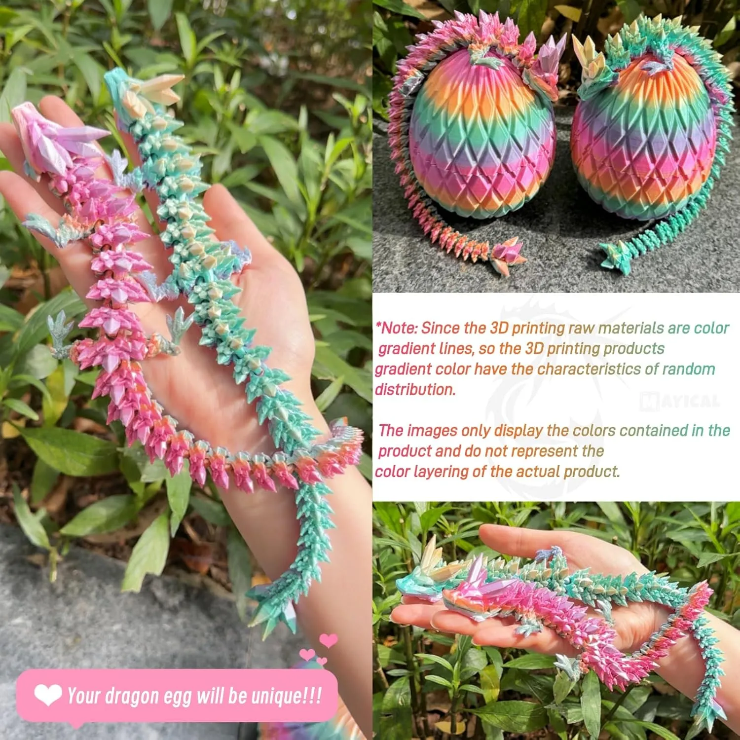 3D Printed Dragon Egg, Large 12" Laser Rainbow Crystal Dragon in Colorful Eggs with Gift Box & Card, Fidget Dragon Toys for Kids & Adults (Coloured)