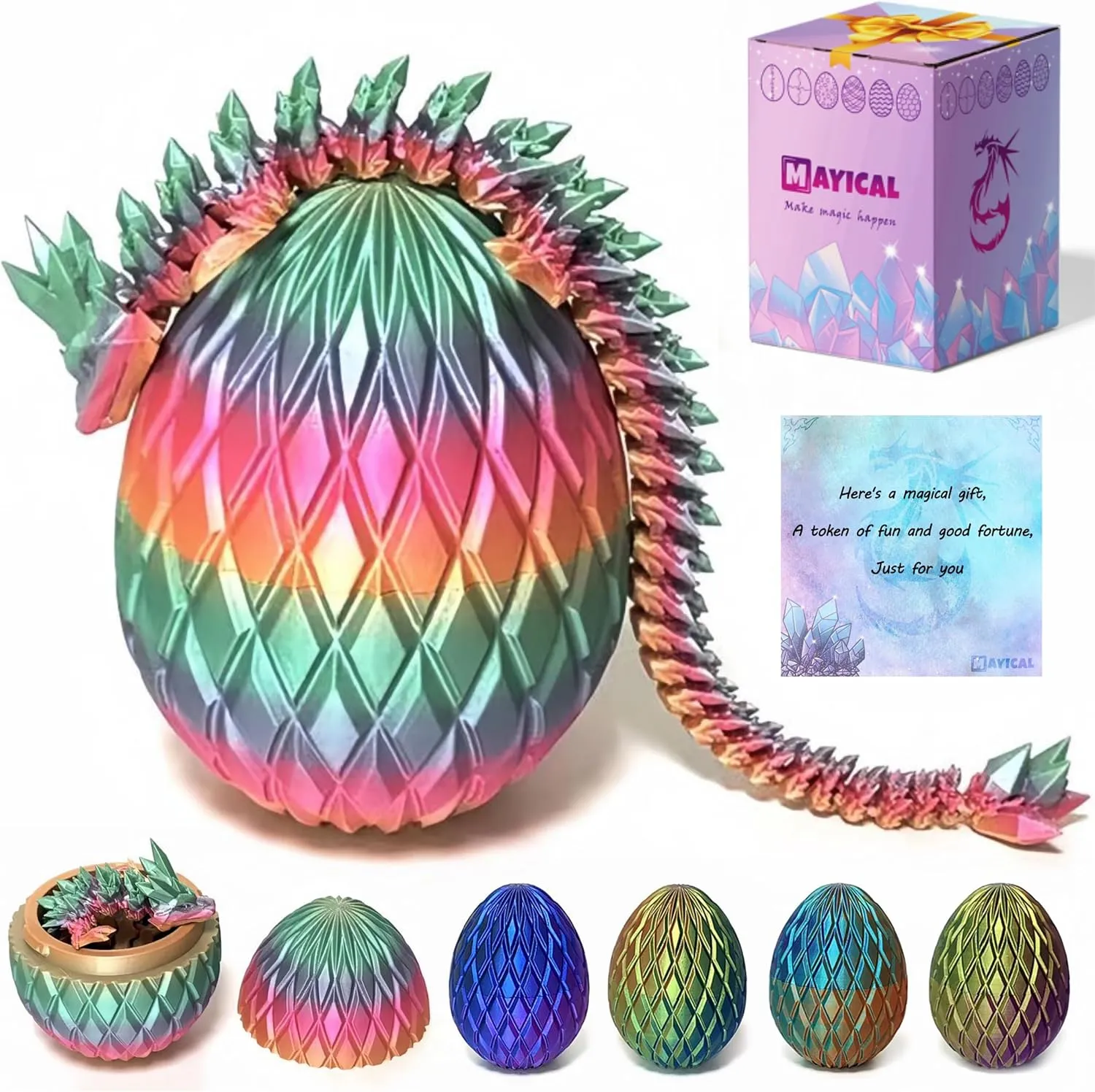 3D Printed Dragon Egg, Large 12" Laser Rainbow Crystal Dragon in Colorful Eggs with Gift Box & Card, Fidget Dragon Toys for Kids & Adults (Coloured)