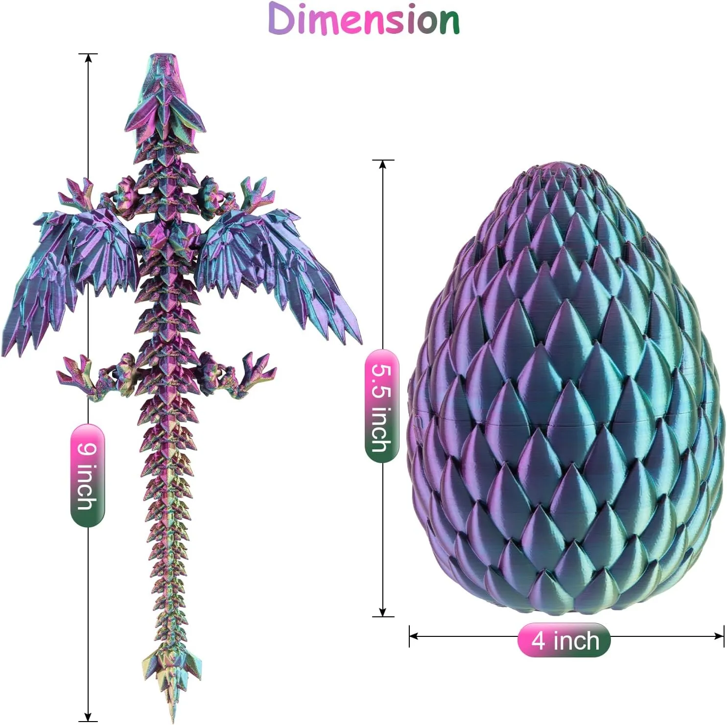 3D Printed Dragon with Egg, Articulated Crystal 9" Winged Dragons and 5.5" Eggs for Easter Basket Stuffers Home Office Decoration Gift, PurpleYellowBlue