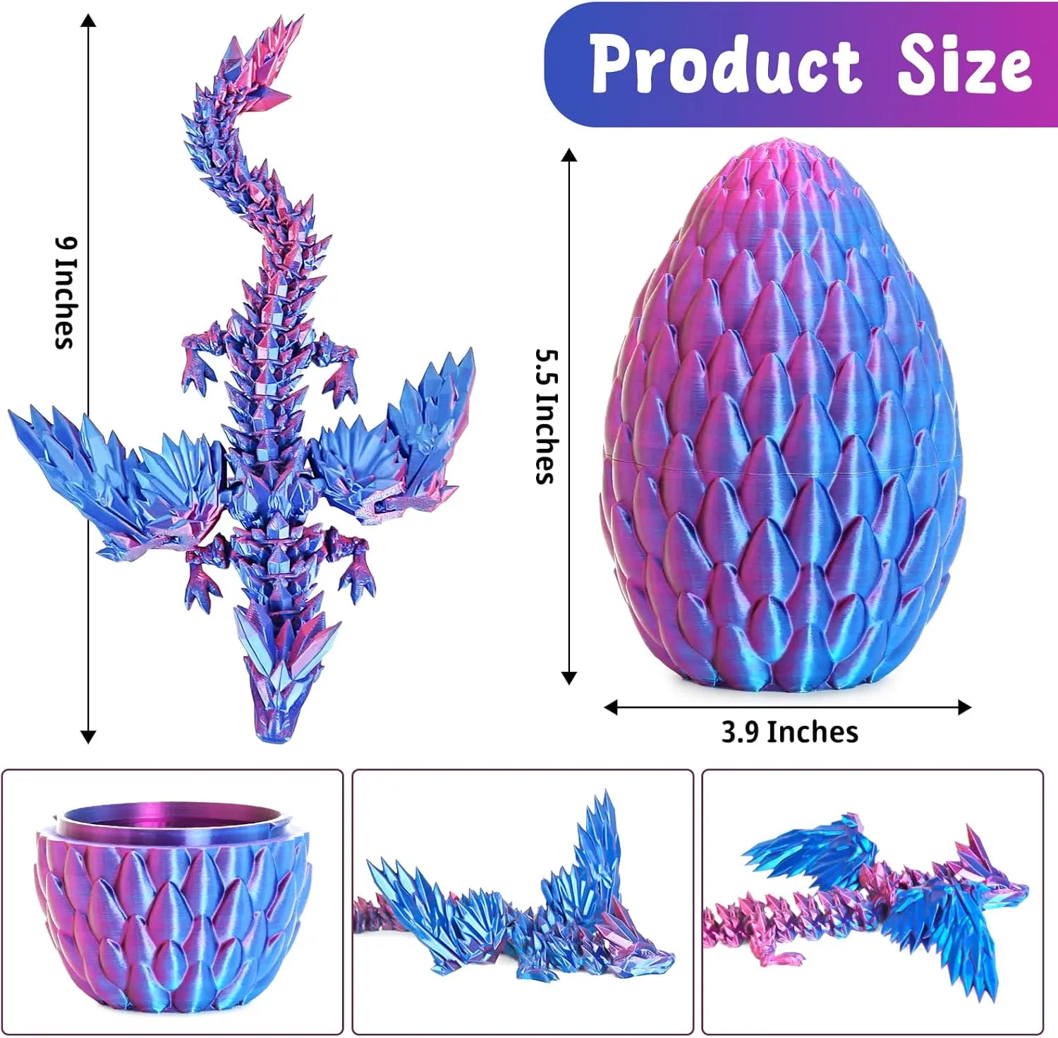 3D Printed Flying Dragon Egg with Articulated Dragon Inside – Toys&Gifts for Kids,Home Decor,Creative Ornaments,Birthday,Easter (Blue Purple,Medium)
