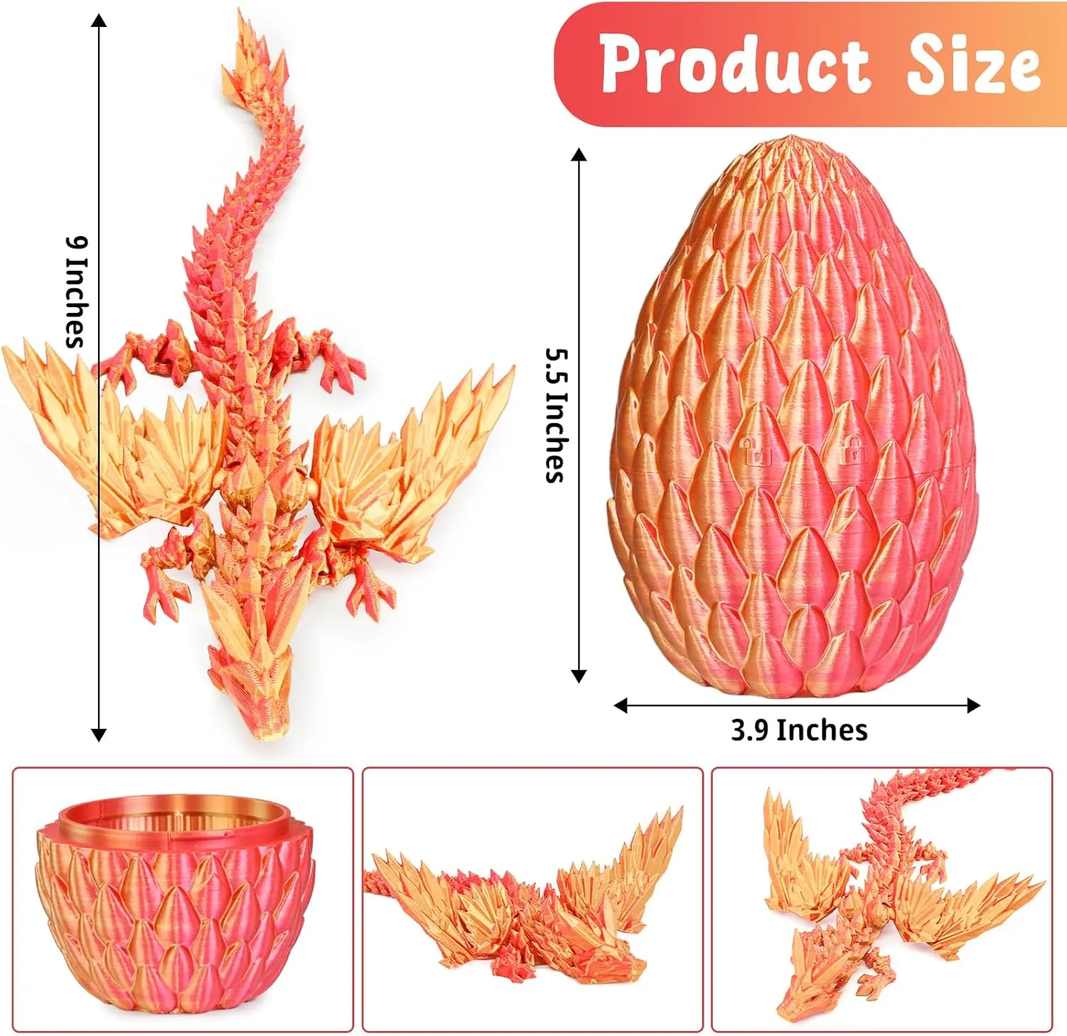 3D Printed Flying Dragon Egg with Articulated Dragon Inside – Toys&Gifts for Kids,Home Decor,Creative Ornaments,Birthday,Easter (Flame Red,Medium)