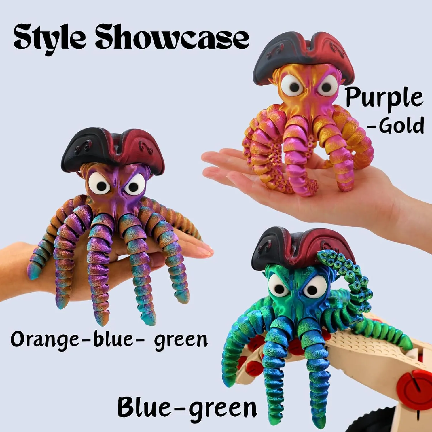 3D Printed Pirate Octopus, 3D Printed Animals, Flexible Joints 3D Octopus, Home Office Classroom Decoration, Executive Desk Decoration (Black-Gold)