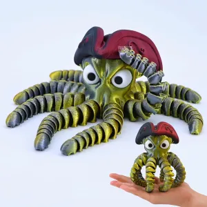 3D Printed Pirate Octopus, 3D Printed Animals, Flexible Joints 3D Octopus, Home Office Classroom Decoration, Executive Desk Decoration (Black-Gold)