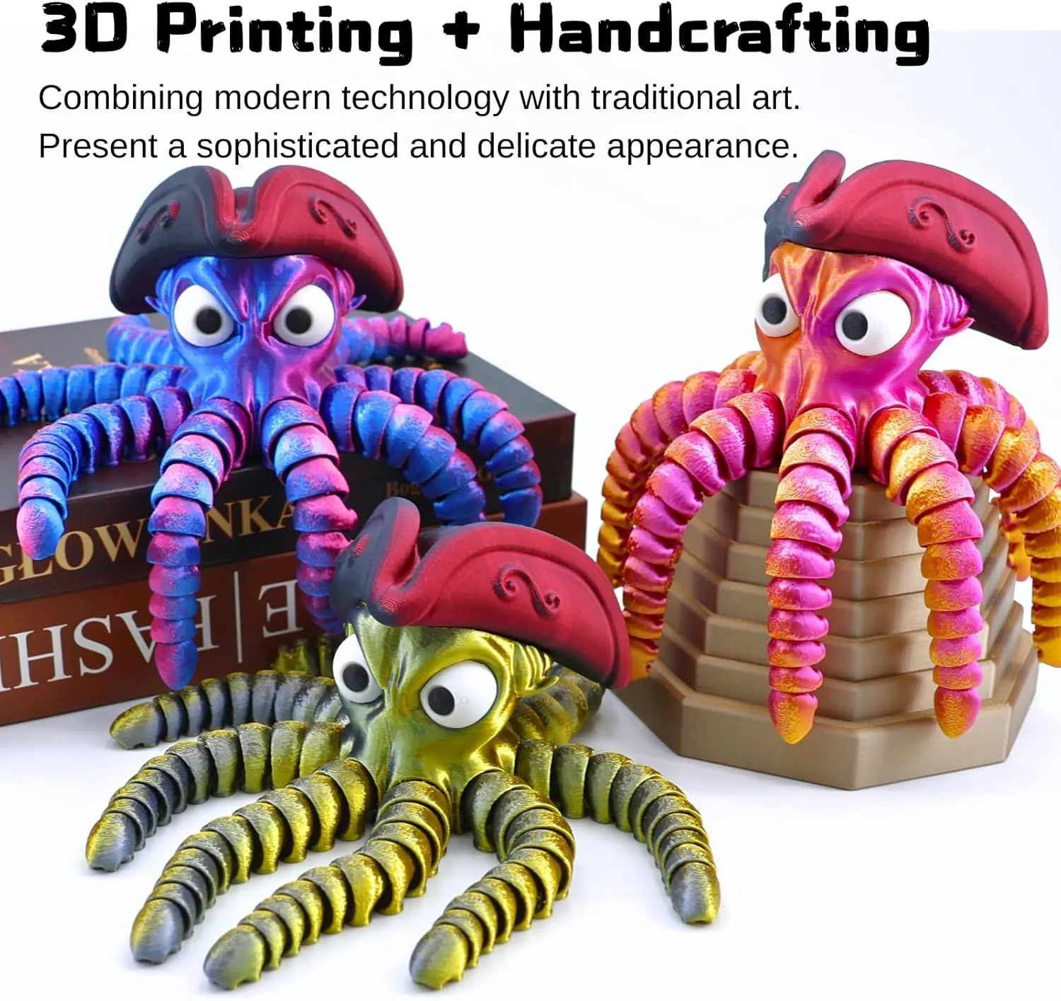 3D Printed Pirate Octopus, 3D Printed Animals, Flexible Joints 3D Octopus, Home Office Classroom Decoration, Executive Desk Decoration (Black-Gold)