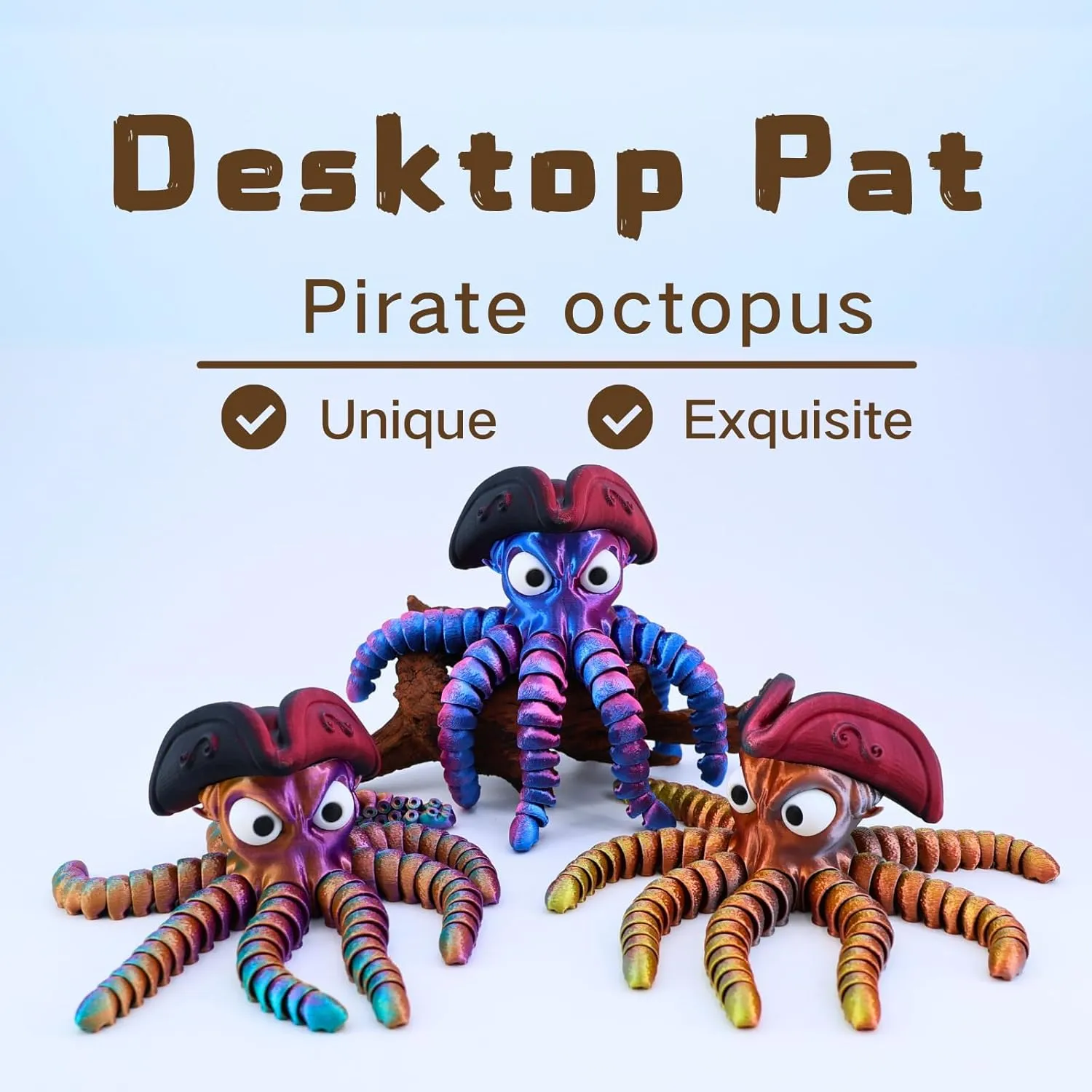 3D Printed Pirate Octopus, 3D Printed Animals, Flexible Joints 3D Octopus, Home Office Classroom Decoration, Executive Desk Decoration (Black-Gold)