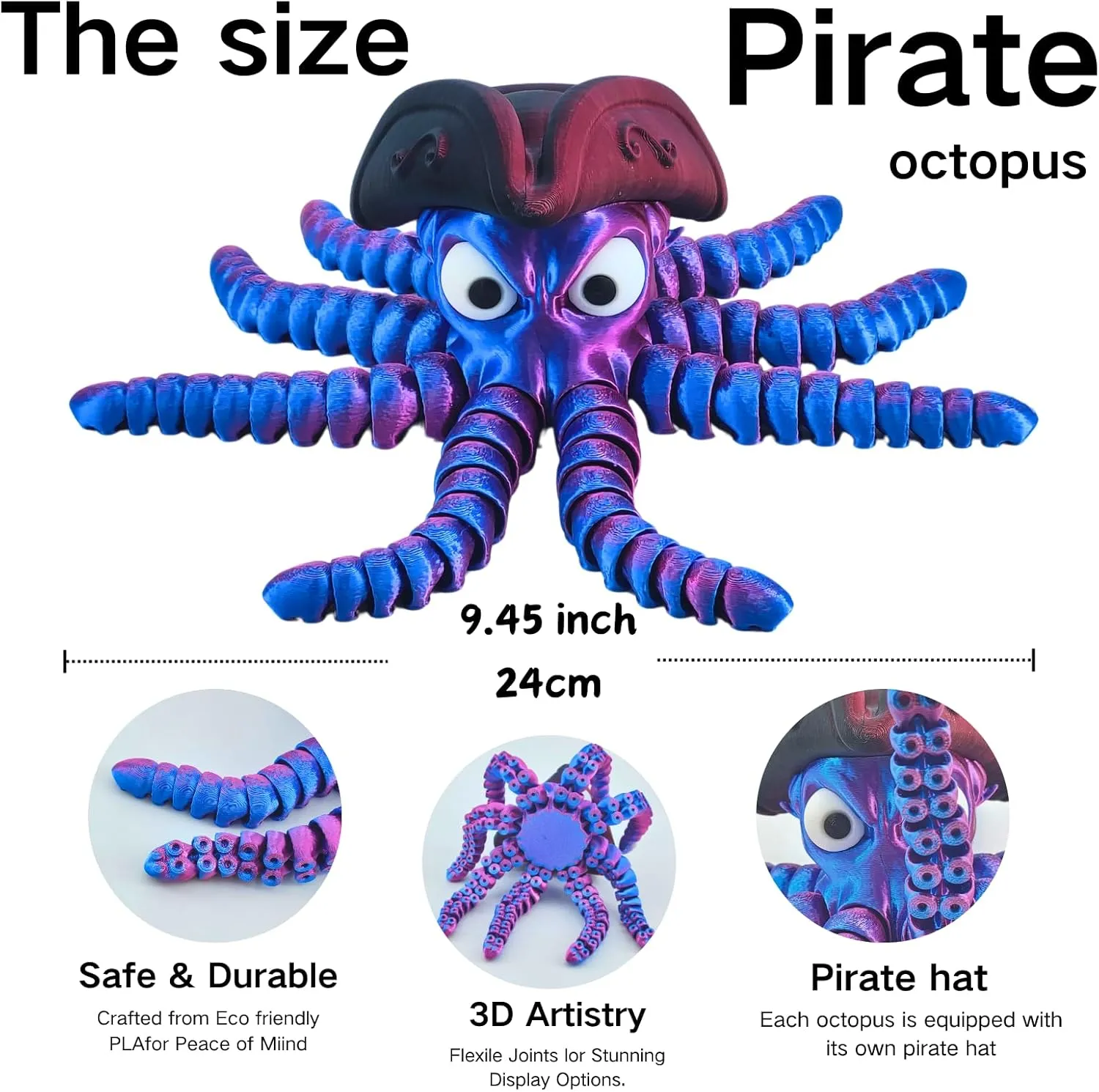3D Printed Pirate Octopus, 3D Printed Animals, Flexible Joints 3D Octopus, Home Office Classroom Decoration, Executive Desk Decoration (Black-Gold)