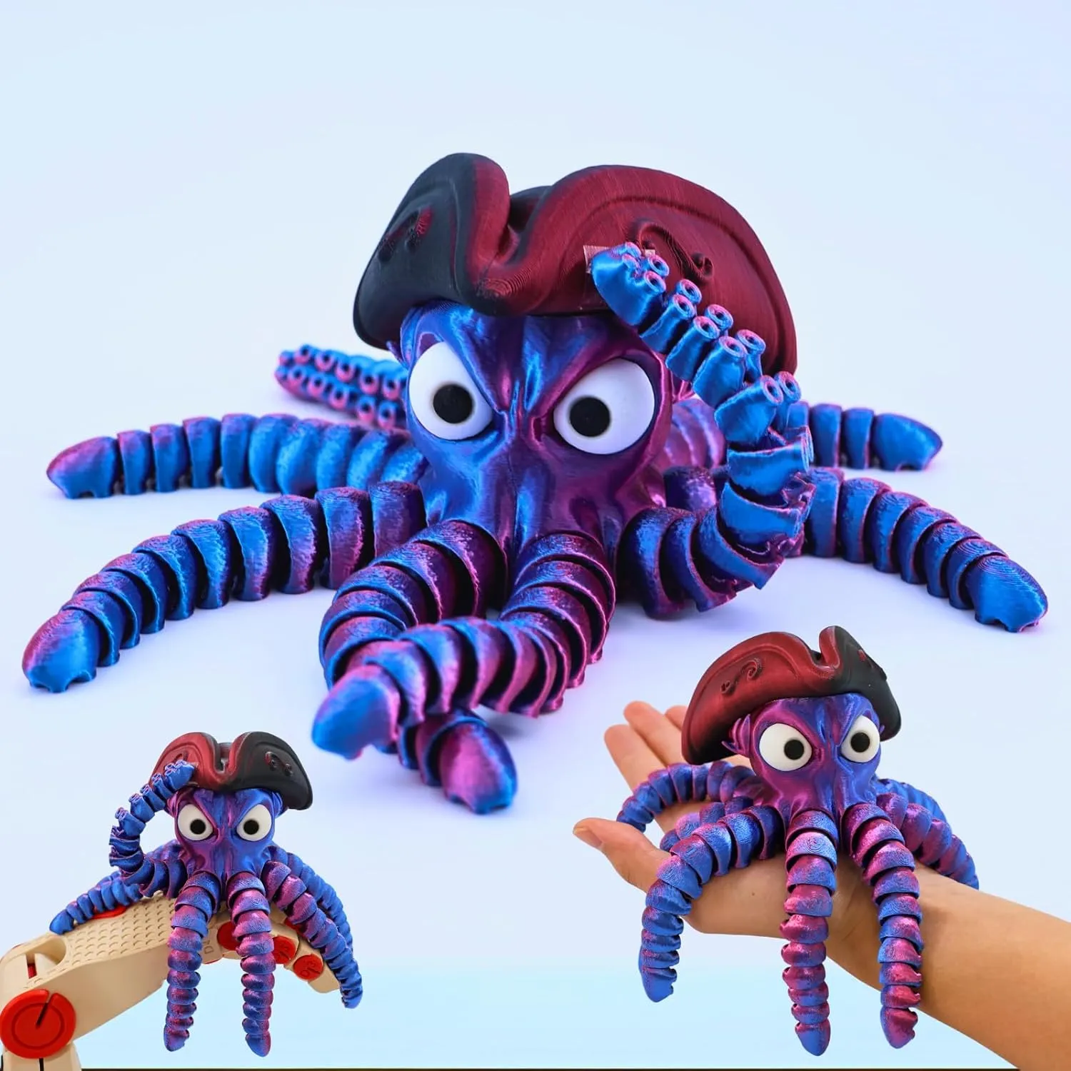 3D Printed Pirate Octopus, 3D Printed Animals, Flexible Joints 3D Octopus, Home Office Classroom Decoration, Executive Desk Decoration (Red-Blue)