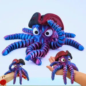 3D Printed Pirate Octopus, 3D Printed Animals, Flexible Joints 3D Octopus, Home Office Classroom Decoration, Executive Desk Decoration (Red-Blue)