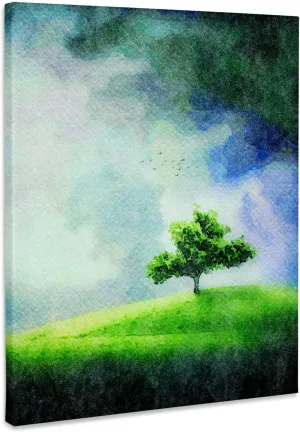 3dRose, A Tree In A Green Field On A Stormy Day Image Of Watercolor Painting, Museum Grade Canvas Wrap 11x14