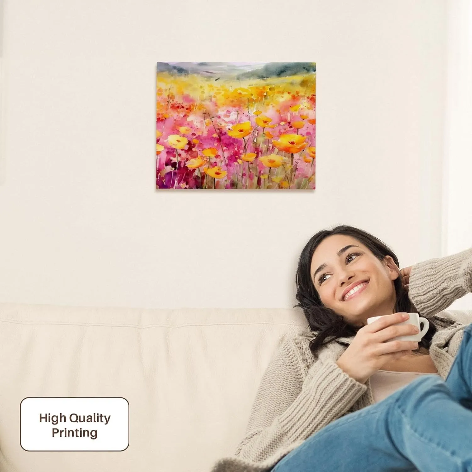 3dRose, Pretty Image Of Watercolor Yellow Poppy Field, Museum Grade Canvas Wrap 14x11