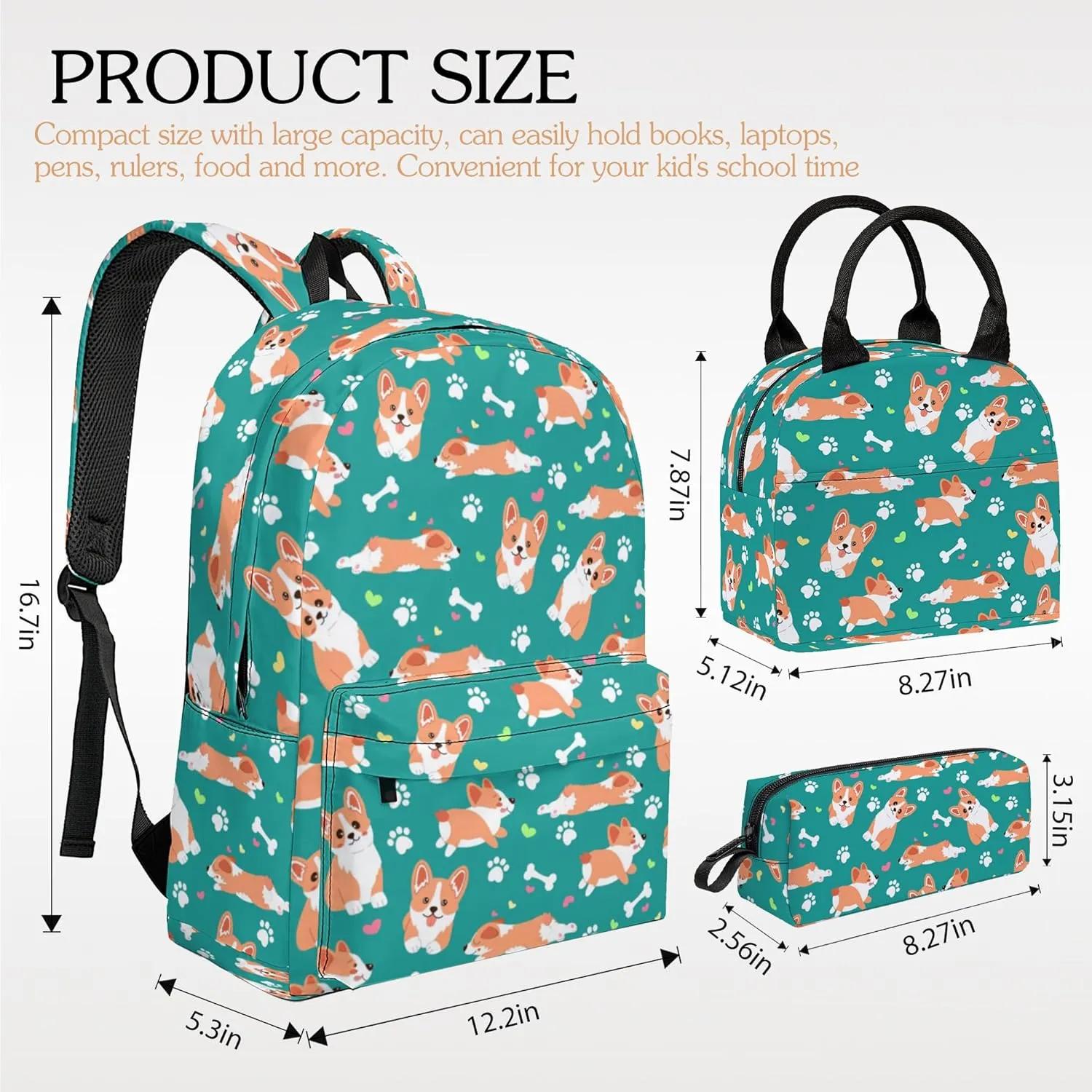 3pcs Backpack for Boys Girls, Backpack Set with Lunch Box Pencil Case for Kids Teen Elementary Middle High School