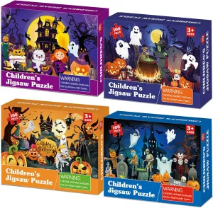 4 Packs 100Pcs Halloween Puzzle for Kids Ages 4-6 Halloween Pumpkin Jigsaw Puzzles for Toddlers 3-5 Ghost Castle Kids Puzzles Toys for Educational Game Spooky Family Puzzle Gift for Boys Girls