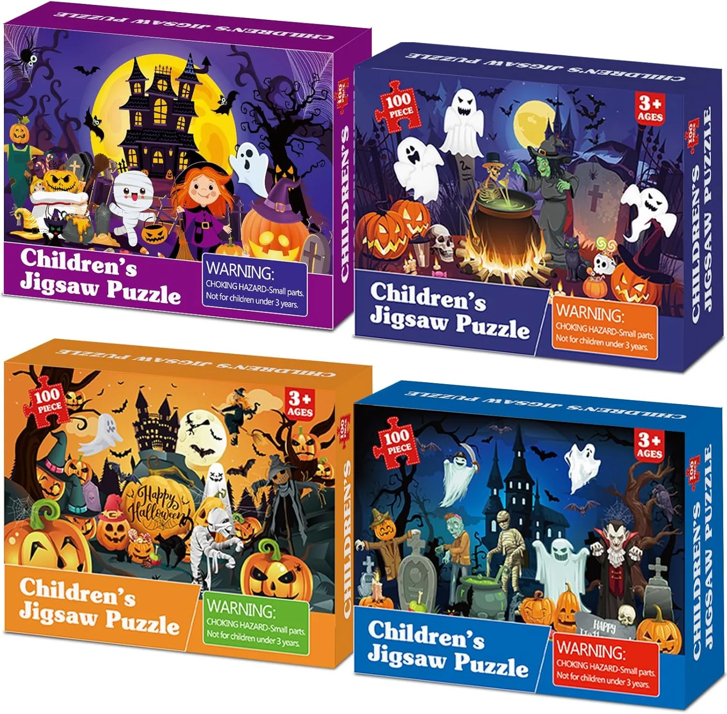 4 Packs 100Pcs Halloween Puzzle for Kids Ages 4-6 Halloween Pumpkin Jigsaw Puzzles for Toddlers 3-5 Ghost Castle Kids Puzzles Toys for Educational Game Spooky Family Puzzle Gift for Boys Girls
