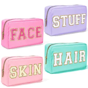 4 Pcs Nylon Makeup Bag Preppy Cosmetic Bag Chenille Letter Stuff Pouch Travel Toiletry Bag Organizer Waterproof Hair Bag with Patches Bulk for Women(SKIN STUFF HAIR FACE)