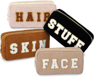 4 Pcs Preppy Patch Makeup Bag Corduroy Cosmetic Bag Makeup Accessories Skincare Pouch Chenille Letter Portable Zipper Face Pouch Cute Toiletry for Women Travel(Dark Color)